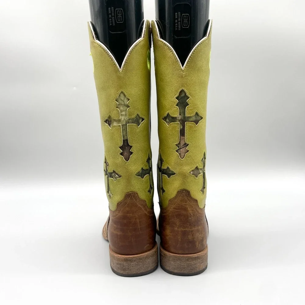 Ariat Kids Size 2 Brown Leather Lime Green Suede Camo Cross Western Boots